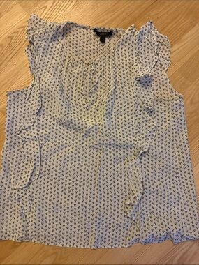 J. Crew Light Cream w/Blue Navy Printed Ruffle Sleeveless Blouse